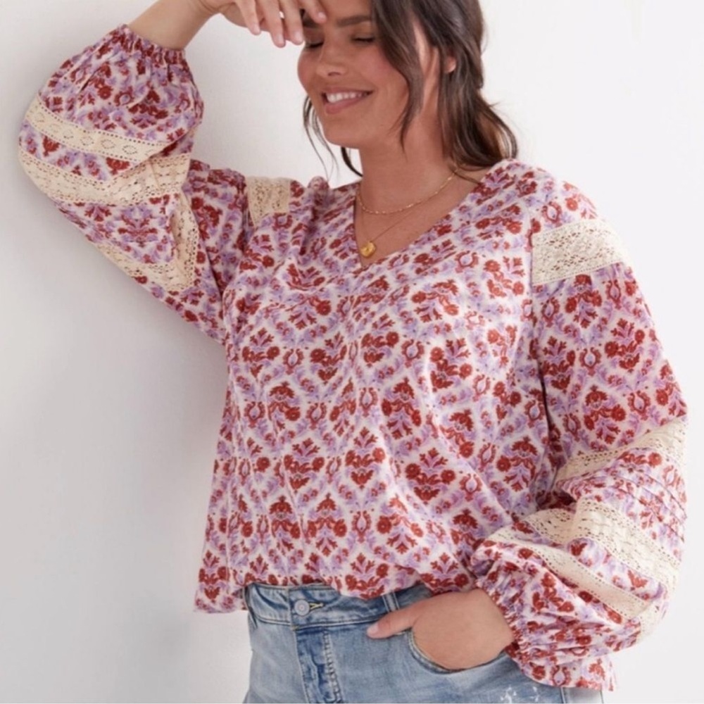 Anthropologie Eze Sur Mer Yvonne Lace Blouse Boho Long Sleeve Large Puff Sleeve